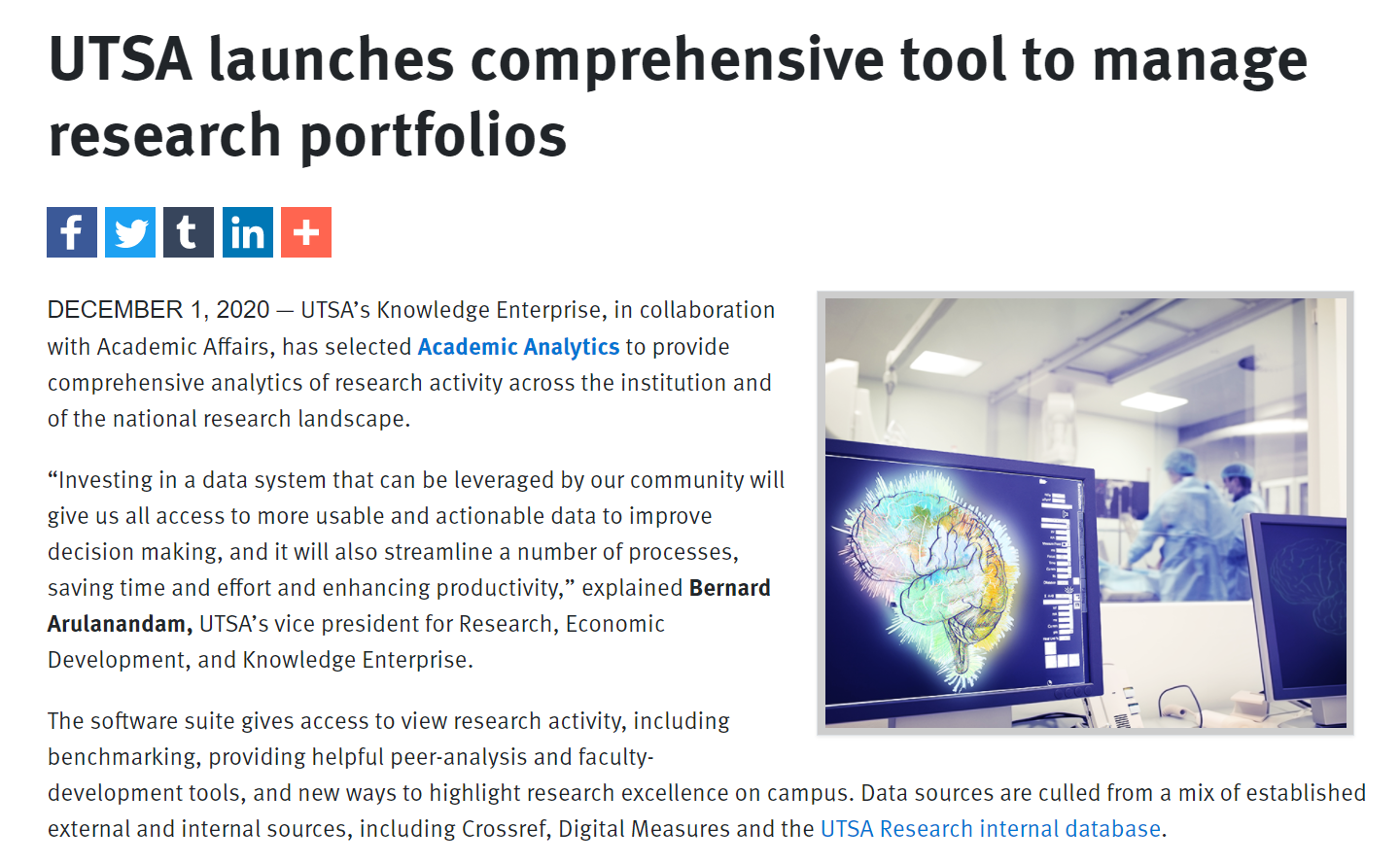 UTSA Announcement About Academic Analytics Dashboard